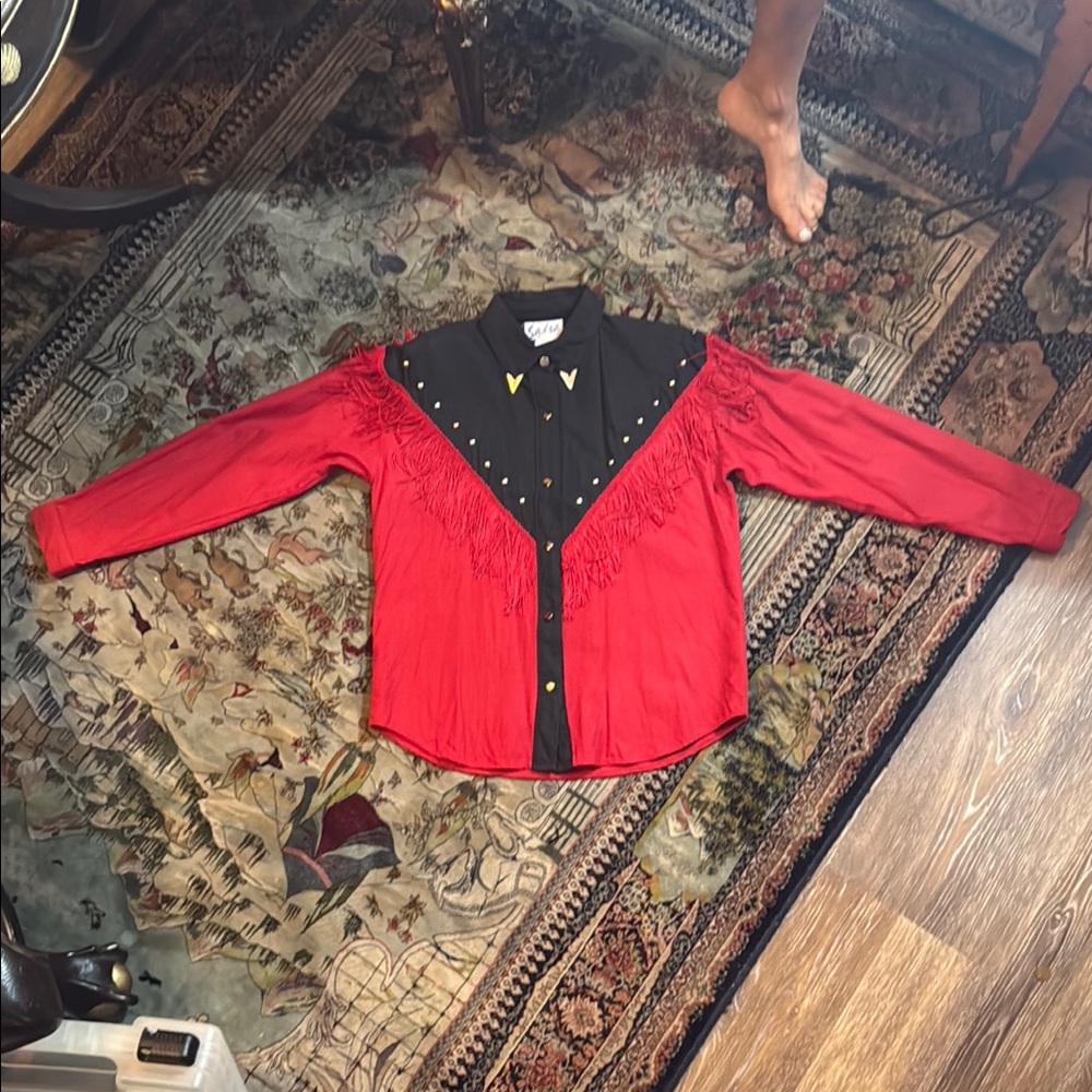 Chic Red and Black Button-Down Shirt with Fringe